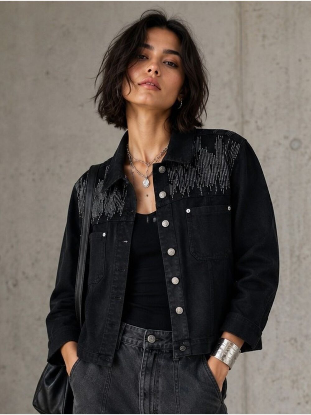 VINTAGE Y2K ADRIANA SPORT BLACK DENIM JACKET SILVER WATERFALL THREAD COTTON S
